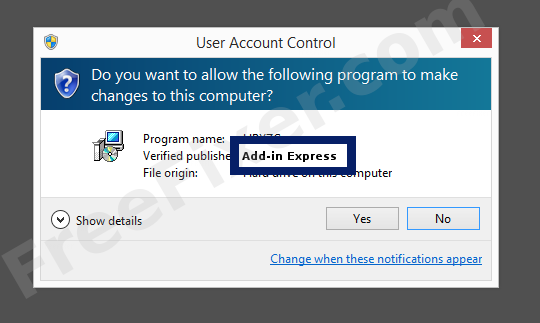 Screenshot where Add-in Express appears as the verified publisher in the UAC dialog